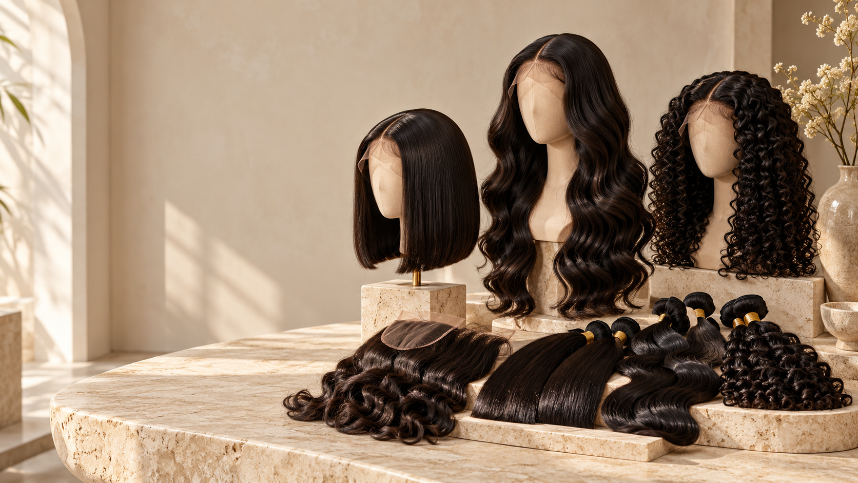 Human hair wigs arranged in a luxury beauty studio