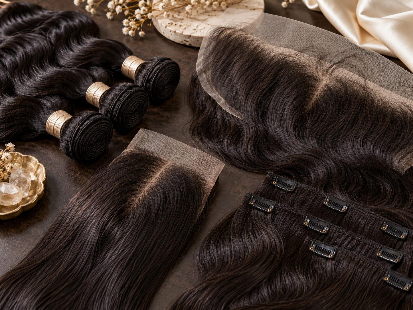 Human hair wigs, bundles and hair trays on a beauty sampling table
