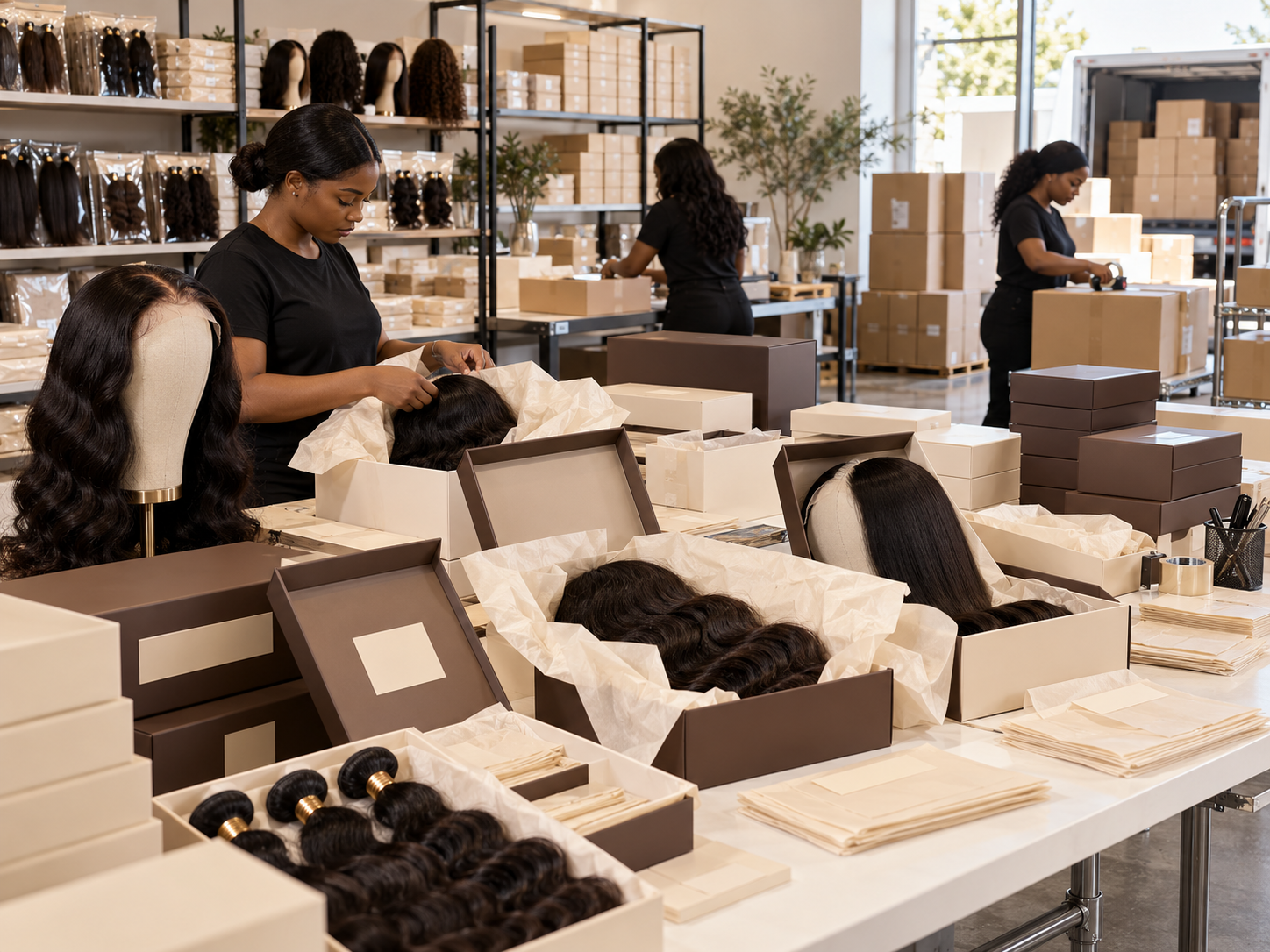 Human hair packaging and fulfillment desk