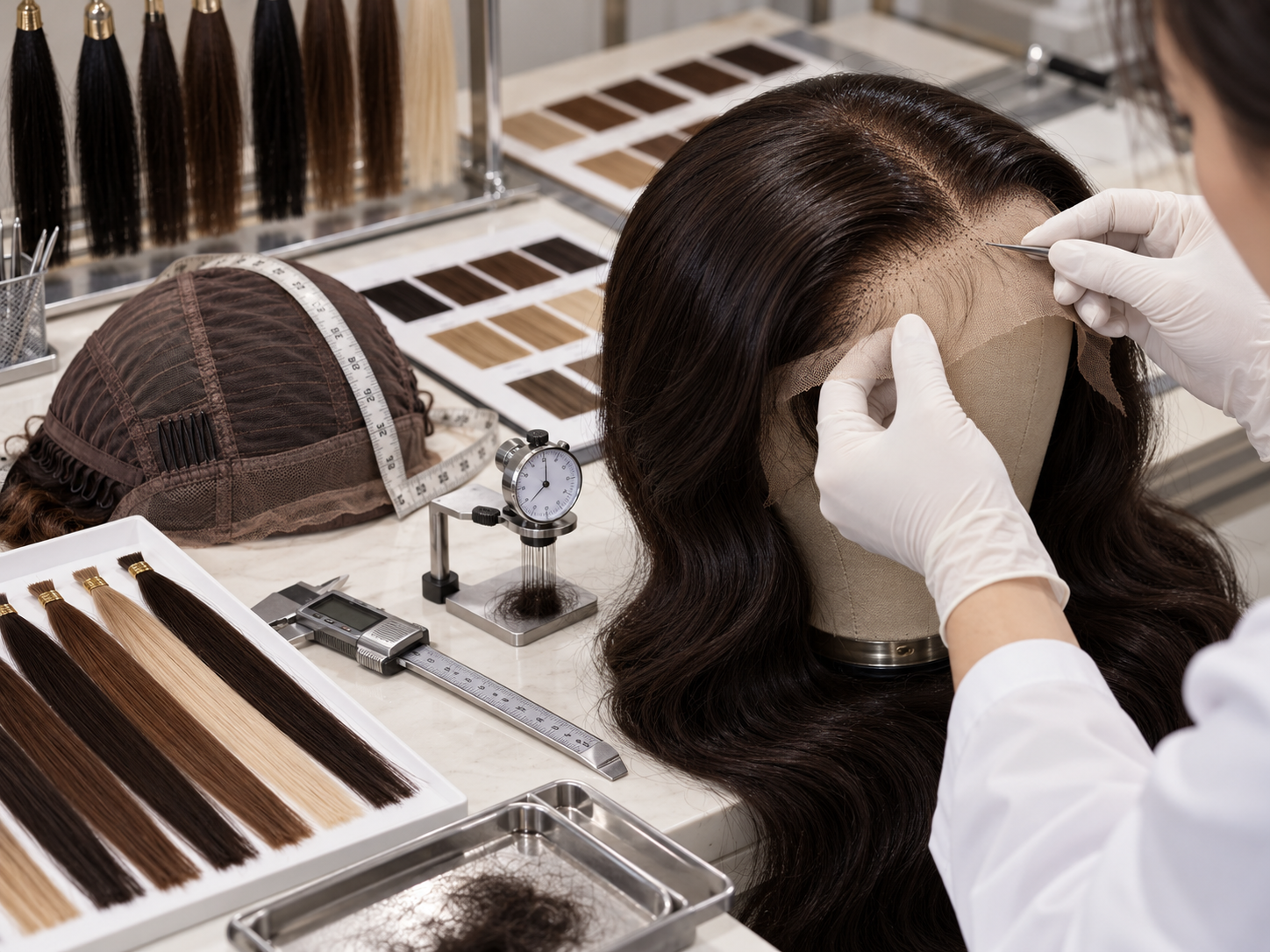 Technician inspecting human hair wigs at a quality desk